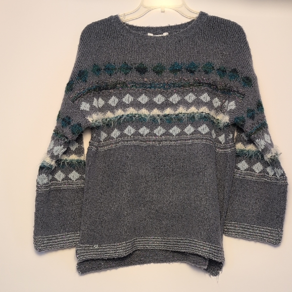 Time and Tru Gray and Teal Patterned Sweater